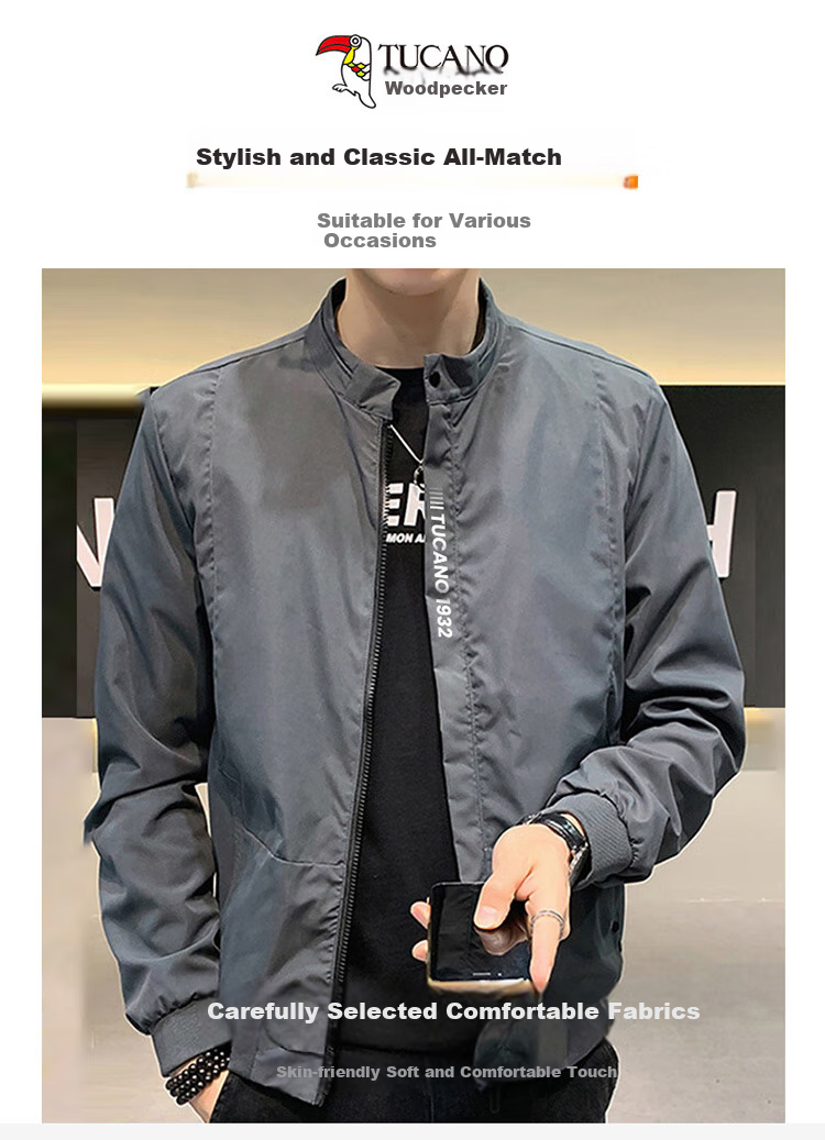 TUCANO Men's Jacket, Spring And Autumn Stand-Collar Casual Jacket, Workwear Outerwear for Men, Loose-Fitting Trendy Menswear, Black, M 1