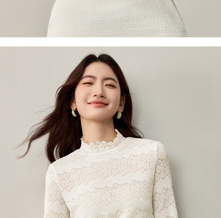 Sentubila Semi-Turtleneck Floral Textured Lace Slim Fit Long Sleeve Top for Women Autumn Hollow Out Inner Layer Shirt 10
