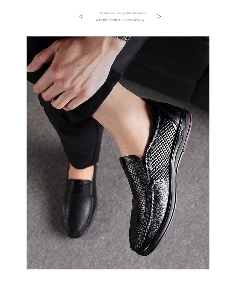 MEXICAN Business Casual Top-Grain Leather Shoes, Men's Formal Shoes, Hollow Breathable Slip-On Loafers, Large Size Shoes, Black, Size 41 4