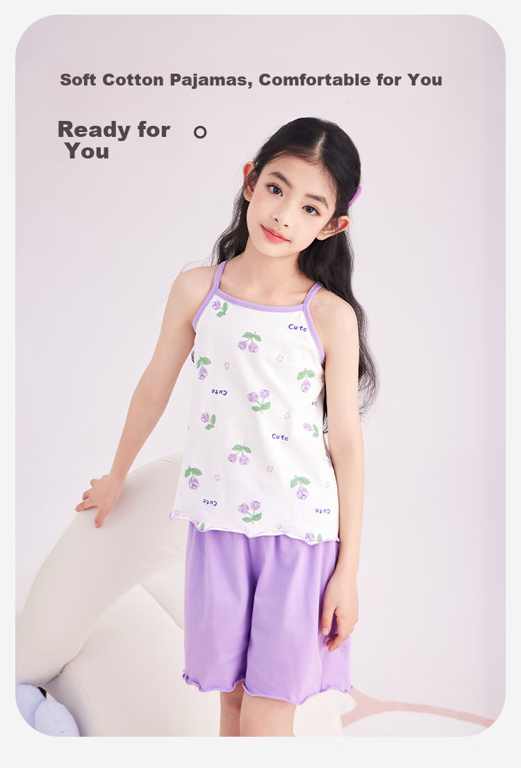 DEESHA [7A Antibacterial, Comfortable And Soft] Children's Pajama Set for Spring And Autumn, Girls' Camisole Sleepwear Loungewear 10