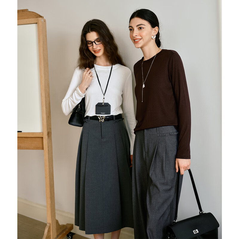 Oulain French Plain Color Basic Versatile Long-Sleeve T-Shirt, Autumn New Simple Fashion Top, Coffee Color, L