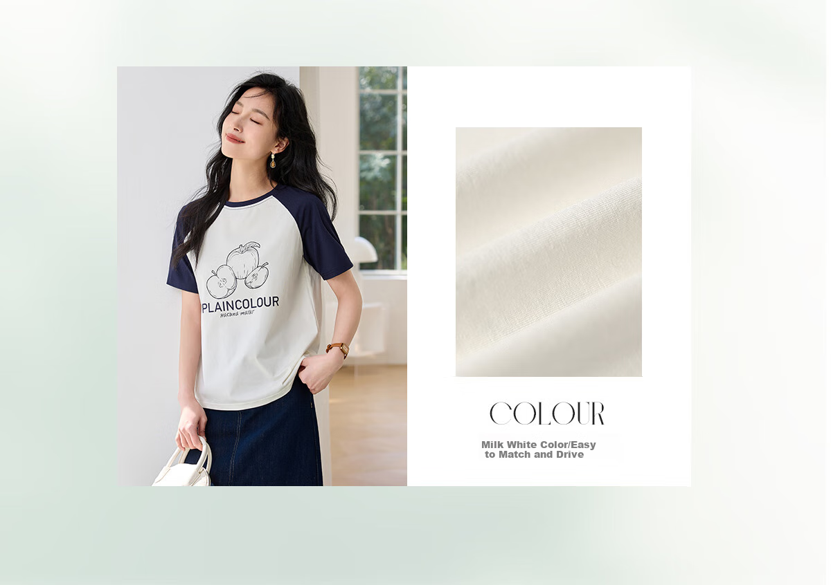 Chushen Spring And Autumn Long-Sleeve T-Shirt for Women, Wilderness Maillard Round Neck Contrasting Color Splicing Simple Loose Base Shirt S143T2022 2