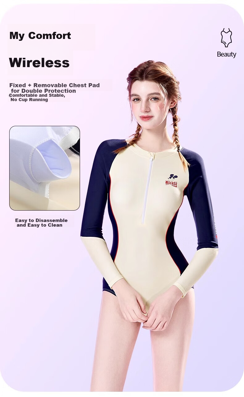 Disney Women's One-Piece Swimsuit, Slimming Long-Sleeve, for Swimming Pool And Hot Springs, Professional Swimwear D15184 Beige M 5