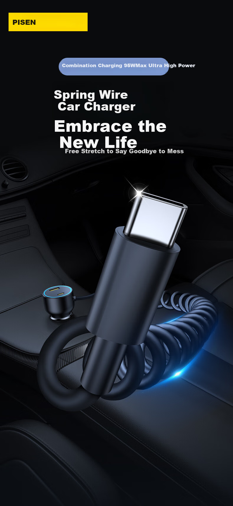 Pisen Car Charger, Retractable Two-Prong Cigarette Lighter, Fast Charging with Built-In Spring, Extendable Charging Cable, Car Adapter 1