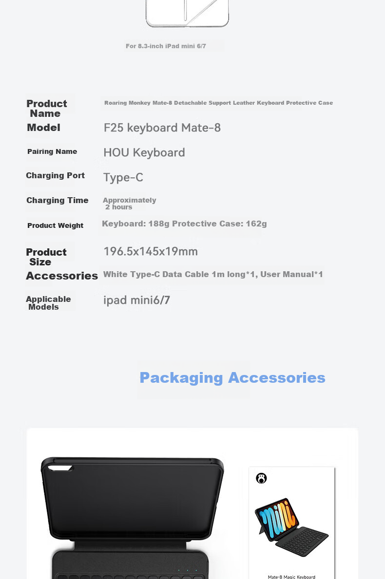 Houhou IPad Mini 7 Keyboard Case, Mini 6 Keyboard Protective Cover, Two-In Magnetic Detachable Rotatable Multifunctional Protective Case, Specially Designed for 8.3-Inch, White 20