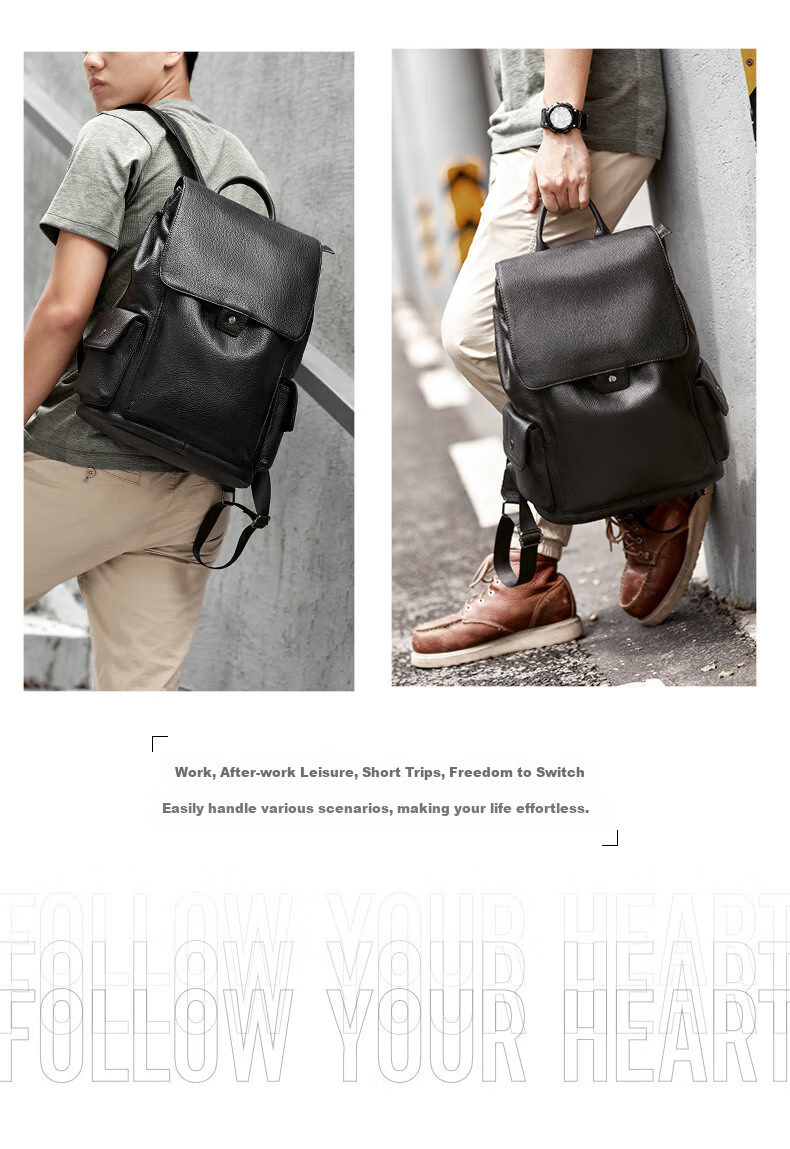 Herder Men's Backpack, Top-Grain Leather, Business Large Capacity, Trendy Casual Multifunctional Schoolbag, Travel Laptop Bag 4