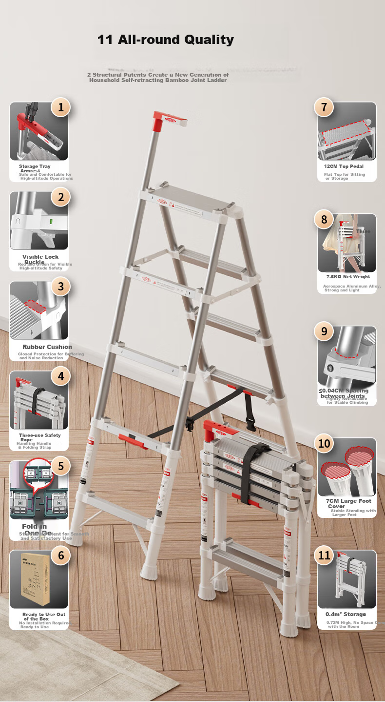 DU PONT [Naianxiaoyun Ladder] Folding A-Frame Ladder for Home Use, Indoor Telescopic Ladder, Multi-Functional Climbing Ladder, 5 Steps 6