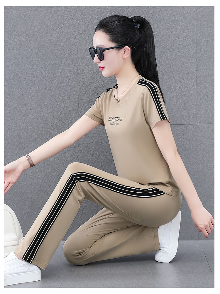 Woodpecker Pure Cotton Women's Summer Sportswear Set Loose Short Sleeve Long Pants Middle-aged Mom Casual Two-piece Suit Royal Blue 4XL 16