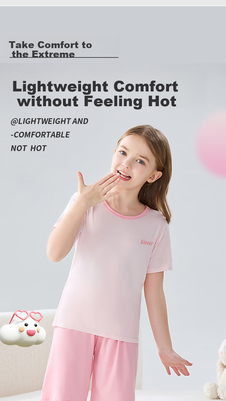 LangSha Children's Pajamas, Summer Girls' Short-Sleeve Thin Air Conditioning Wear, Big Kids Girls' Home Wear Set, Pink, Size 140 3