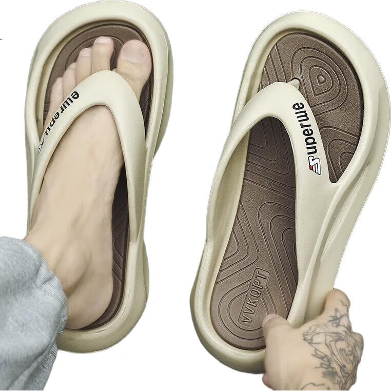 YUZHAOLIN Men's Flip-Flops, Sports Wear, Thick Sole, Height-Increasing, Comfortable Sandals, YY555, Khaki, Size 40/41