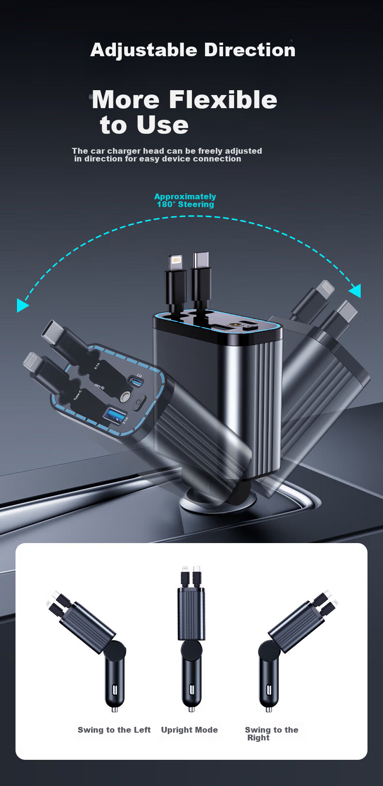 Newmine Car Charger, Super Fast Charging, One-To Extendable Cable, Car Charger, Cigarette Lighter Adapter with Cord, Multi-Functional Converter, Compatible with Huawei, Apple, 16 Android 3