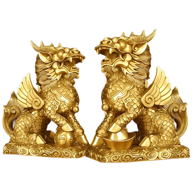 Bin Yue Copper Qilin Feng Shui Pair Male and Female Brass Qilin Large Crystal Treasure Bowl Housewarming Living Room Entrance Decoration