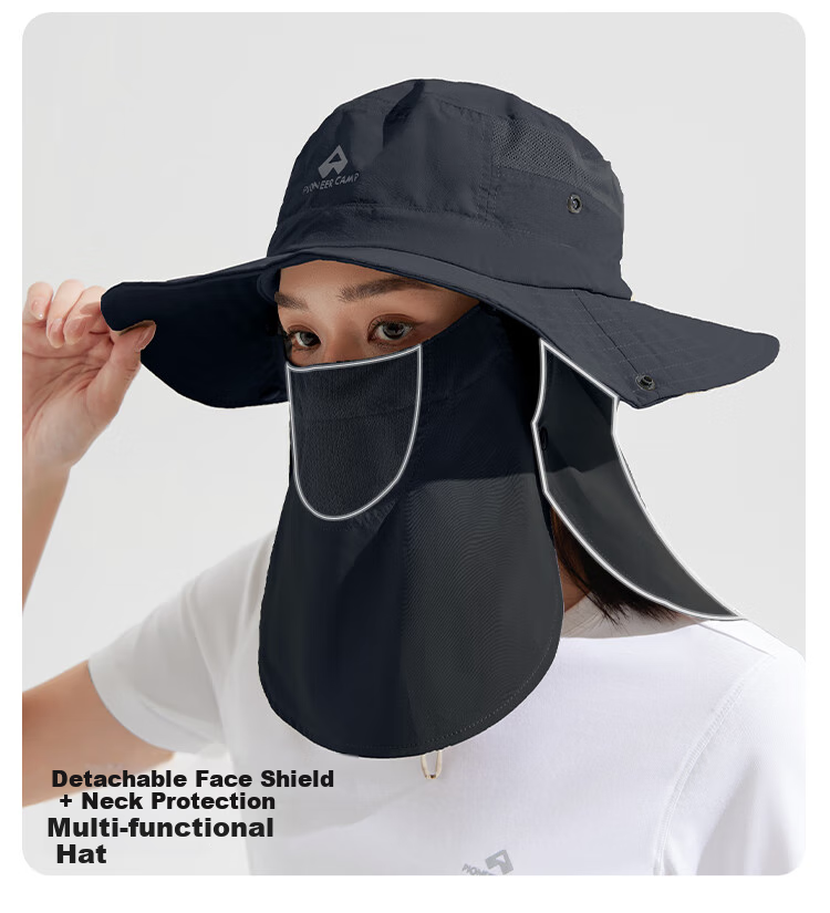 Toread Outdoor Sun Protection Bucket Hat with Face Mask for Men and Women, Large Brim Sunshade Fishing Hat, Black, Size L 4
