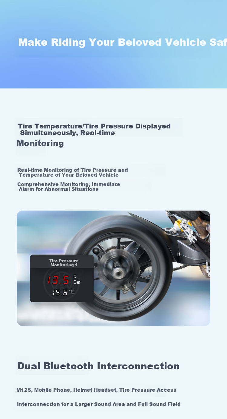 Tupozhe M12S-204 (Main Unit + Dual Cameras + Radar) Motorcycle Dash Cam, Horizontal And Vertical Screen, Tire Pressure Monitoring, Intelligent Radar Car System, Carplay Navigation Device 7