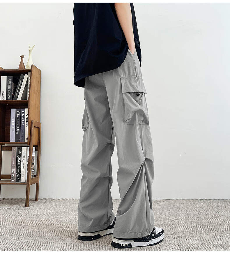 Homlean American-Style Wide-Leg Cargo Pants for Men, Summer Straight Loose Paratrooper Functional Tactical Casual Trousers KMX06 Black L 6