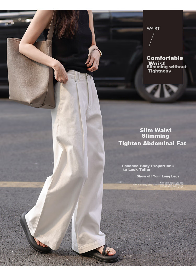 MT American Street Style Denim Jeans Spring Autumn Simple Loose White Cotton Wide-Leg Pants Off-White L 5