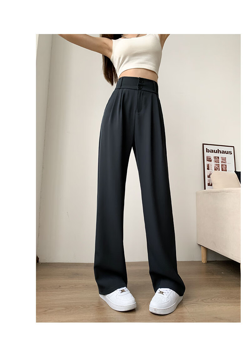 LangSha Black Women's Suit Pants, 2025 New Style, Office Commute, High-End Feel, Straight-Leg Slimming Thin High-Waist Wide-Leg Trousers 20