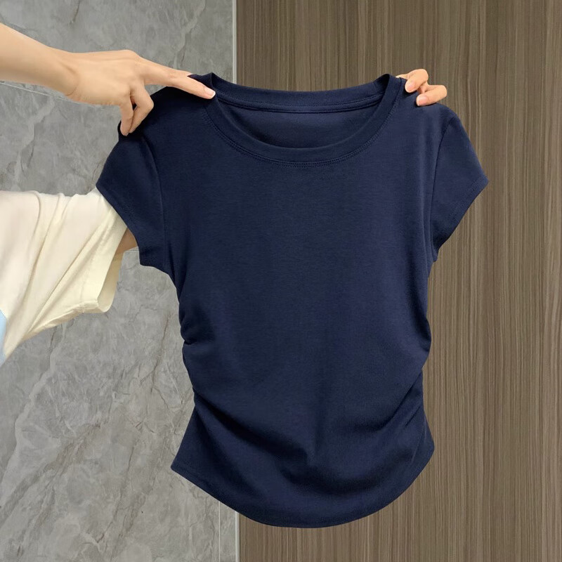 TUCANO Women's Short-Sleeve T-Shirt with Straight Shoulder, Summer 2025 New Round Neck Wrinkled Slim Fit Waist-Cinching Top, Navy Blue, Size S