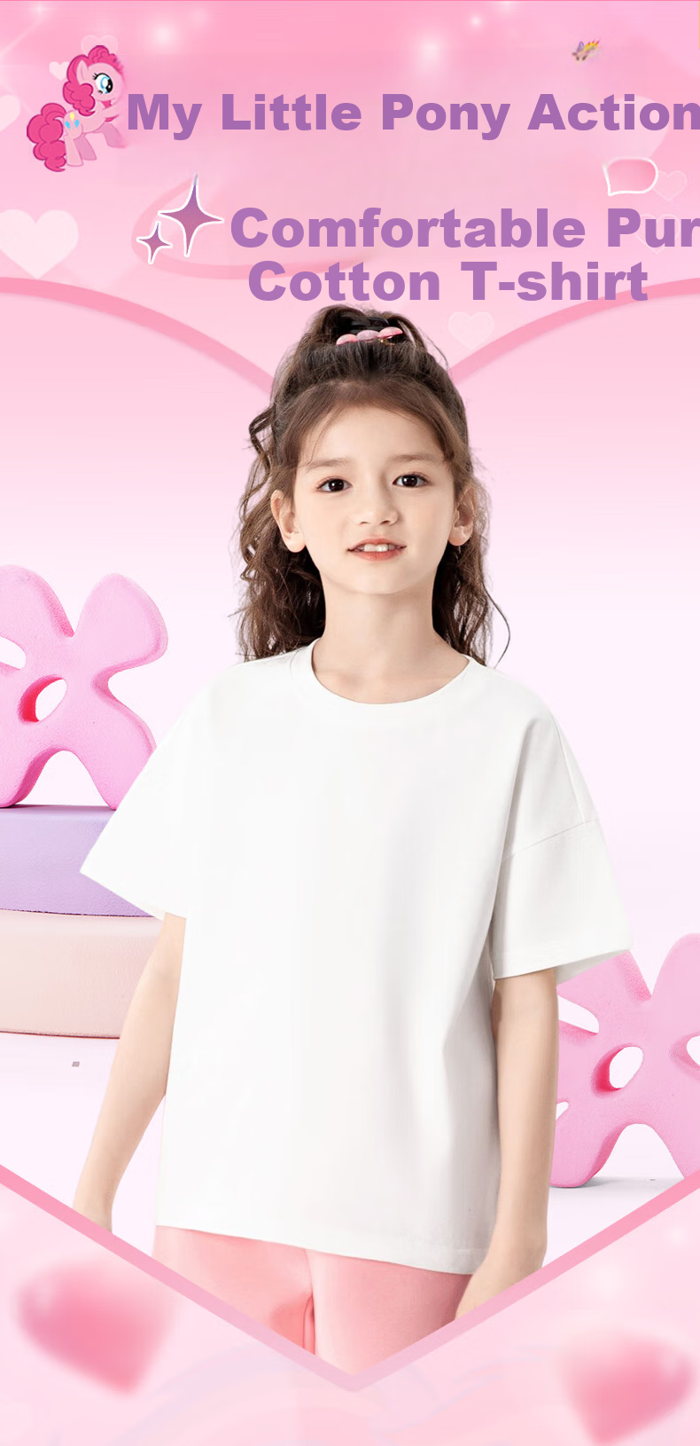 MY LITTLE PONY Girls' Summer Set, Children's Pure Cotton Short-Sleeve Shorts Two-Piece Suit, Fashionable Summer Outfit for Girls, White + Pink, Size 150 2