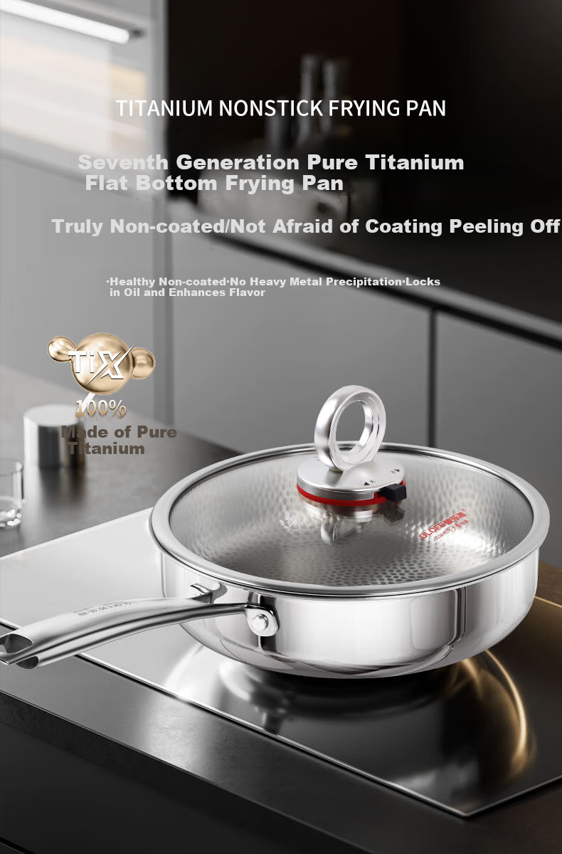 OLOFE Old Guandong Generation Pure Titanium Non-Coated Flat Bottom Frying Pan, Handmade Linen Pattern Titanium Uncoated Steak And Baby Food Pan, 28cm 1