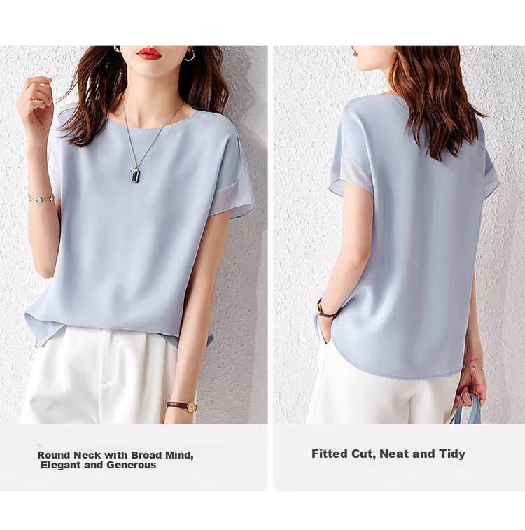 Sentubila Spliced Short-Sleeve Chiffon Blouse for Women, Slimming Tummy-Covering Top, Summer Lightweight Casual T-Shirt, Light Blue, S 4