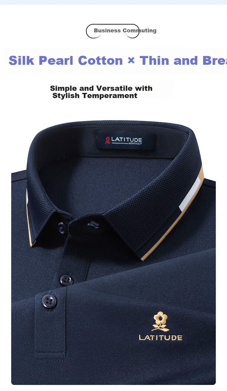 MONTAGUT Short-Sleeve Polo Shirt for Men, Summer Long-Staple Cotton Breathable Simple Casual Square Collar Business T-Shirt, Navy Blue, 2XL/54 1