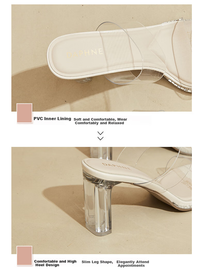 DAPHNE Ultra High Heel Slippers for Women, Transparent Height-Increasing Fashion Shoes, Square-Toe Versatile Elegant Slide Sandals for Women, Silver, Size 37 3