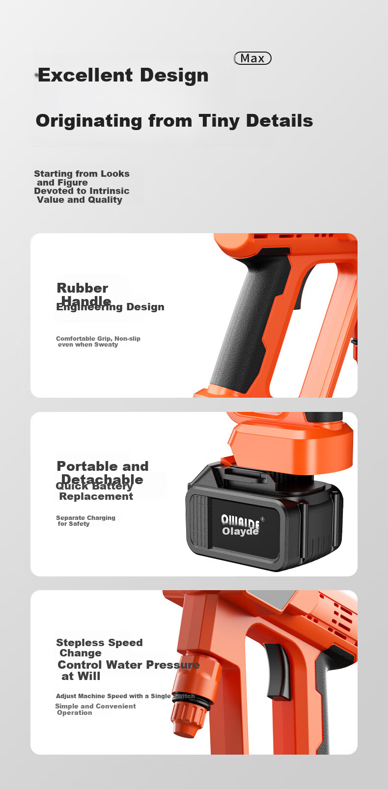 Oulaide Car Wash High-Pressure Water Gun, Brushless Cordless Lithium Battery Car Washer, High-Power Portable Car Cleaning Pump, Car Washing Tool 21