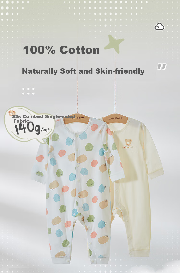 Labi Baby Infant Clothes, Unisex Full-Open Onesie, All Seasons Newborn Underwear Romper, 2-Piece Set, Solid Color, Size 59 4