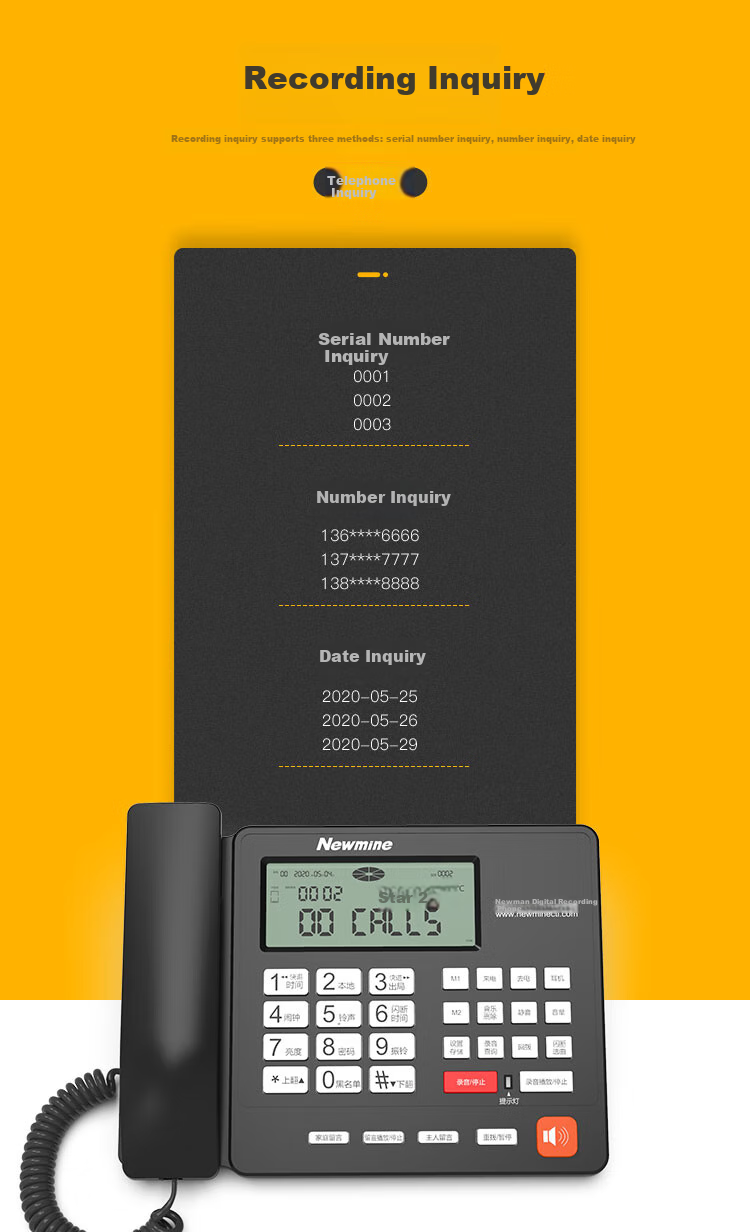 Newmine HL2008TSD-2094 (R) 16GB Recording Telephone, Landline Phone, Automatic Recording, Auto Answering, One-Key Dialing 7