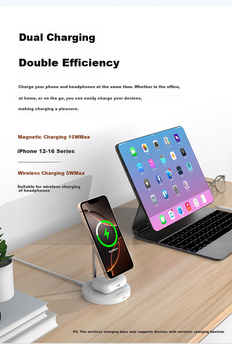 GDGO Two-In Wireless Charger, MagSafe Magnetic 15W Fast Charging Stand for Phones And Earphones, Desktop Vertical Charging Base Compatible with Apple IPhone 18 Pro Max/17/Air, Qi 2 Compatible 5