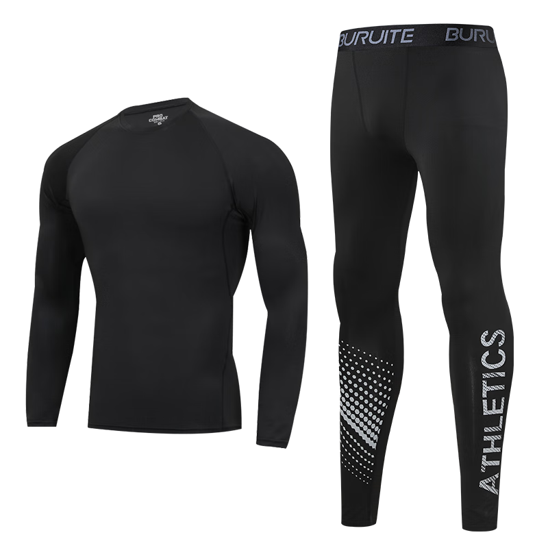 BURUITE Fitness Clothing, Men's Sports Set, Running Tight-Fitting Top And Pants, Training Compression High-Elasticity Quick-Dry Shirt, Thermal Underwear Base Layer