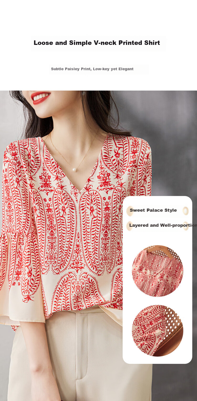 Dme [Chiffon Hibiscus Linen Shirt] Summer V-Neck Three-Quarter Sleeve Paisley Print Blouse Women's Top 2