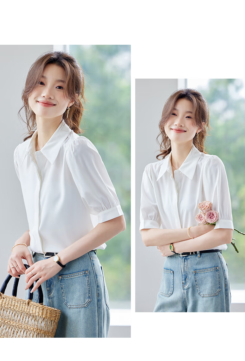 Jeanswest Women's Shirt 2026 Summer Short Sleeve Casual Elegant Versatile Fashion Solid Color Top Blue S 11