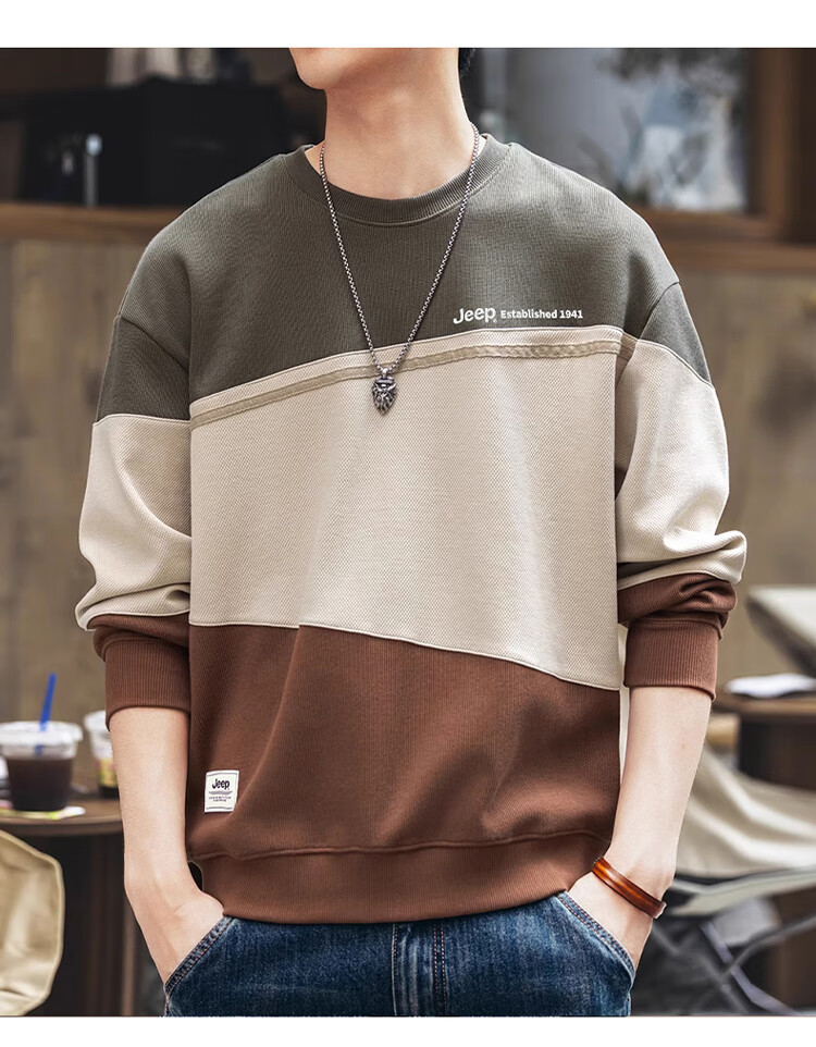 JEEP Men's Sweatshirt, Spring And Autumn Trendy Loose Long-Sleeve T-Shirt, Casual Top for Men, Gray-Green, 2XL 1