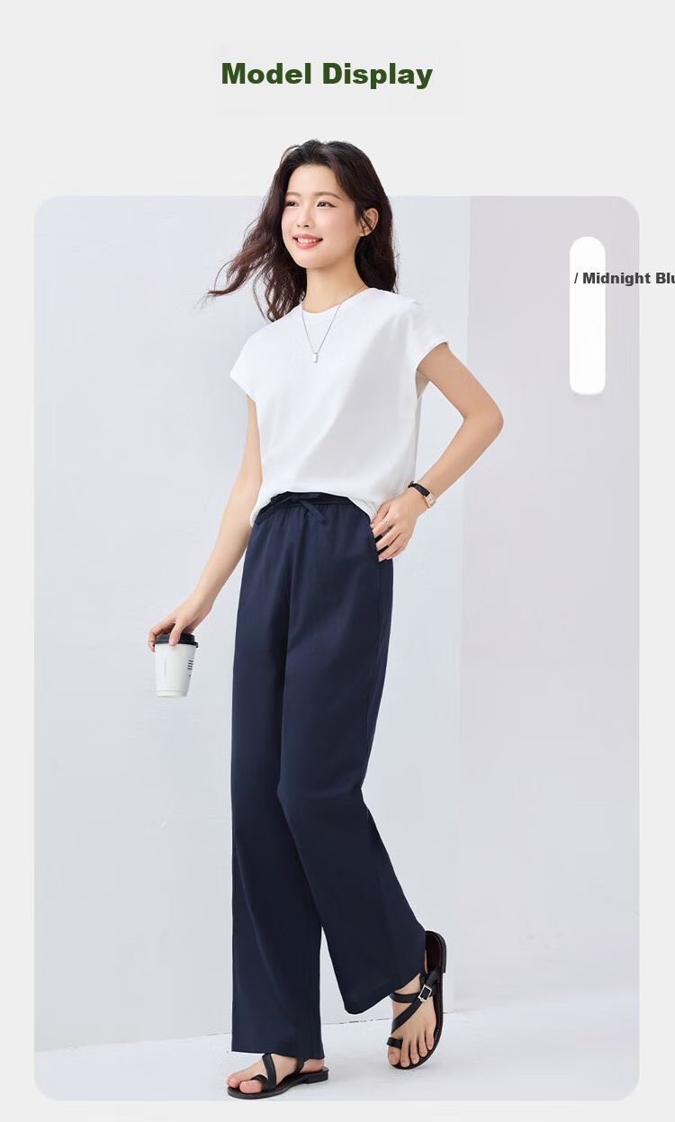 Giordano Women's Pants, Summer New Lightweight Lyocell, Drawstring Elastic Waist, Straight-Leg Casual Trousers, 13415224 10