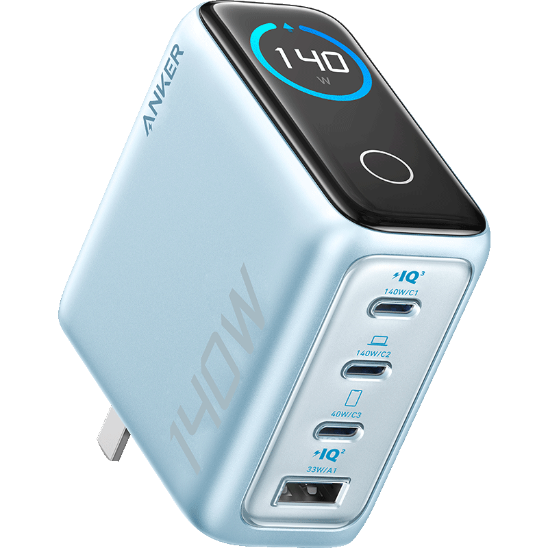 ANKER Smart Display 140W Charger Set, GaN Screen Display Type-C Multi-Port PD Fast Charging 100W Head Suitable for Apple 17 IPhone Phones And Laptops, Blue
