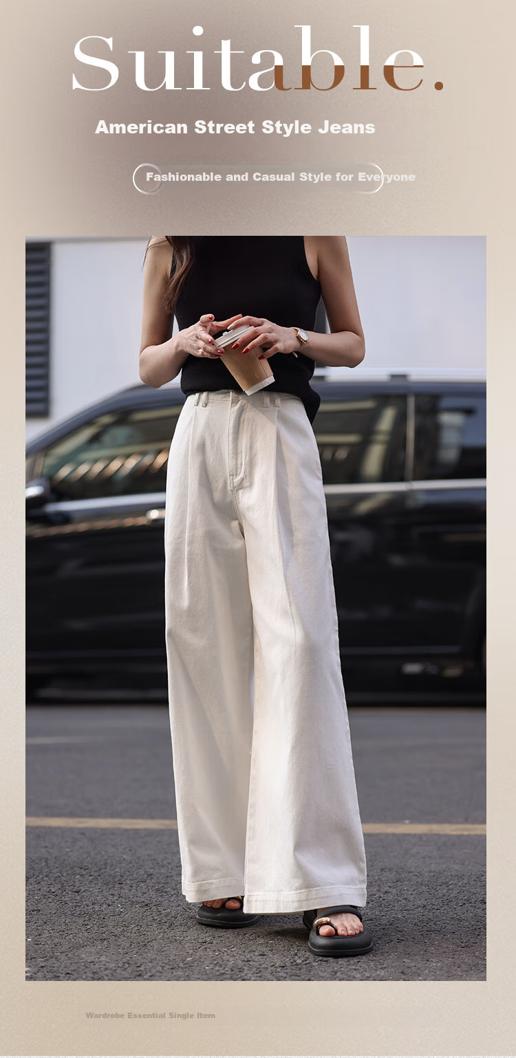 MT American Street Style Denim Jeans Spring Autumn Simple Loose White Cotton Wide-Leg Pants Off-White L 1