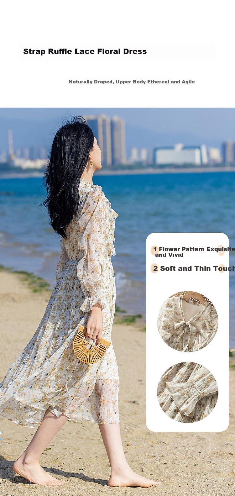 Dme [Ribbon Umbrella Skirt], Autumn Lotus Leaf Edge Umbrella Skirt, Lace X-Shaped Floral Print Midi Dress for Wome 2
