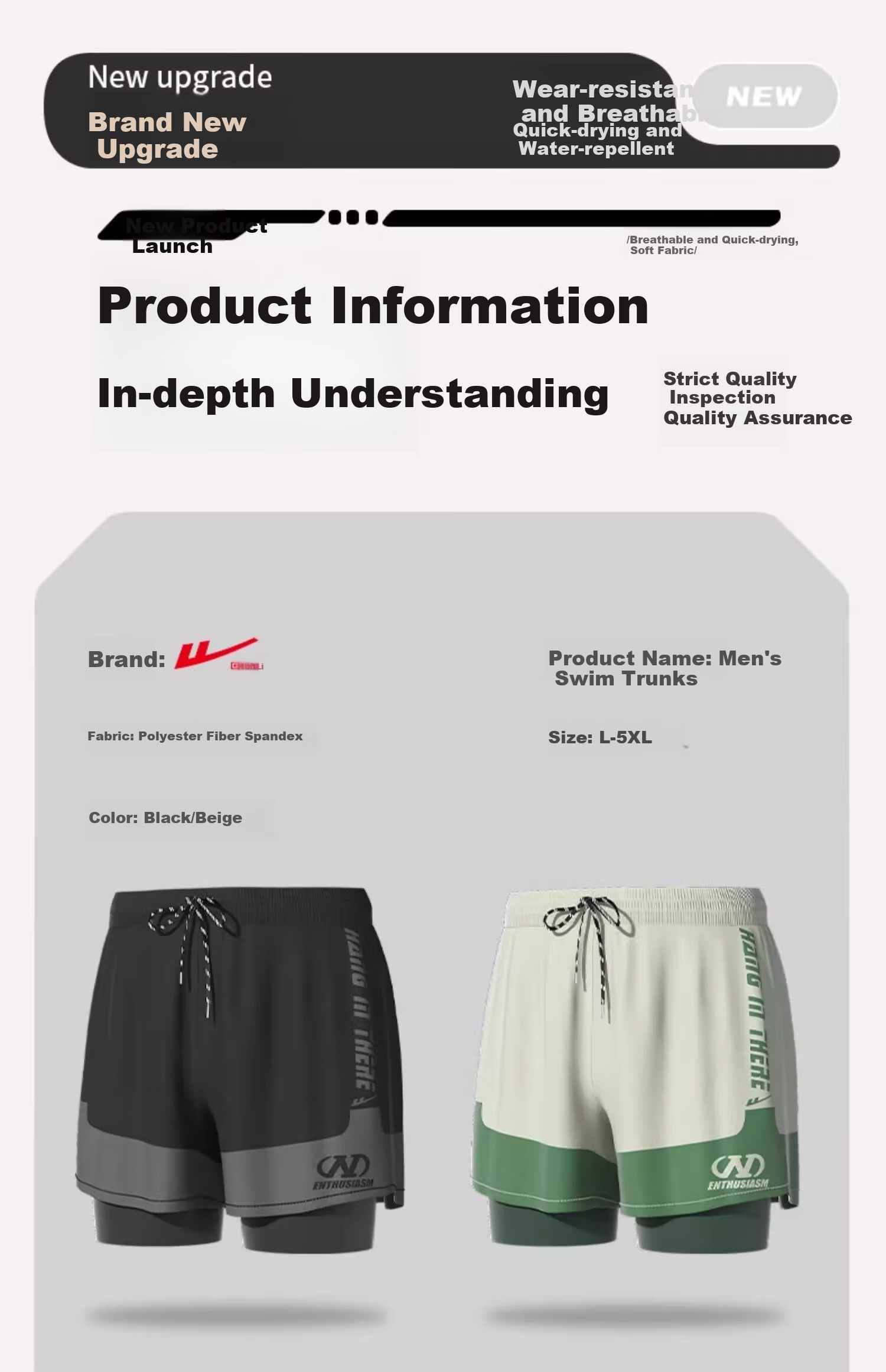 Huili Men's Swim Shorts for Hot Springs, Knee-Length Swim Trunks, Anti-Embarrassment, Quick-Drying, Large Size Swim Shorts 25041 Beige XL 9