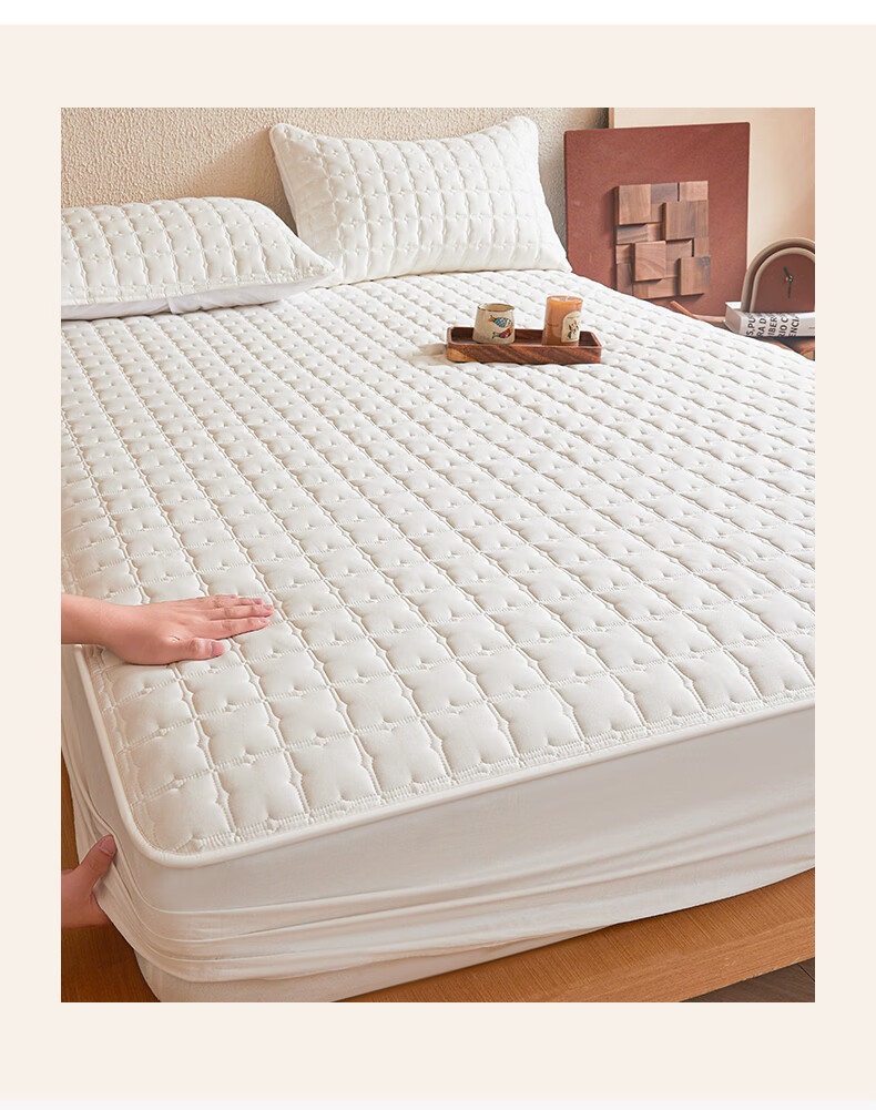 Grace Class A Pure Cotton Fitted Sheet, Antibacterial Quilted Mattress Protector Cover, Milk White, 180*200cm 2