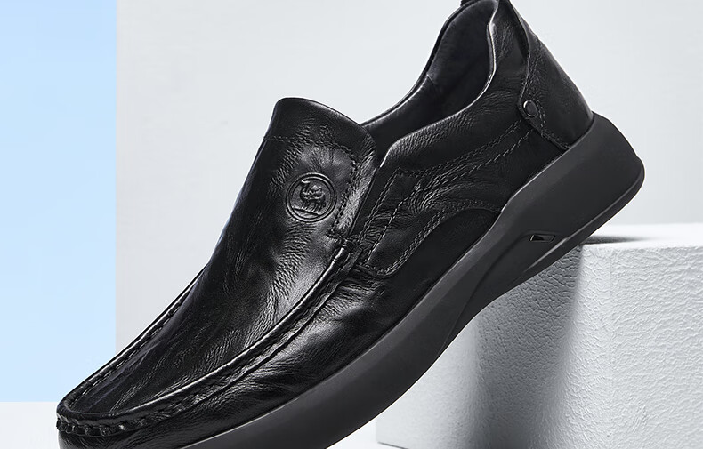 CAMEL Brand Men's Leather Shoes, Soft-Soled Business Cowhide Slip-On Dad Shoes, P15A155004, Black, Size 41 3