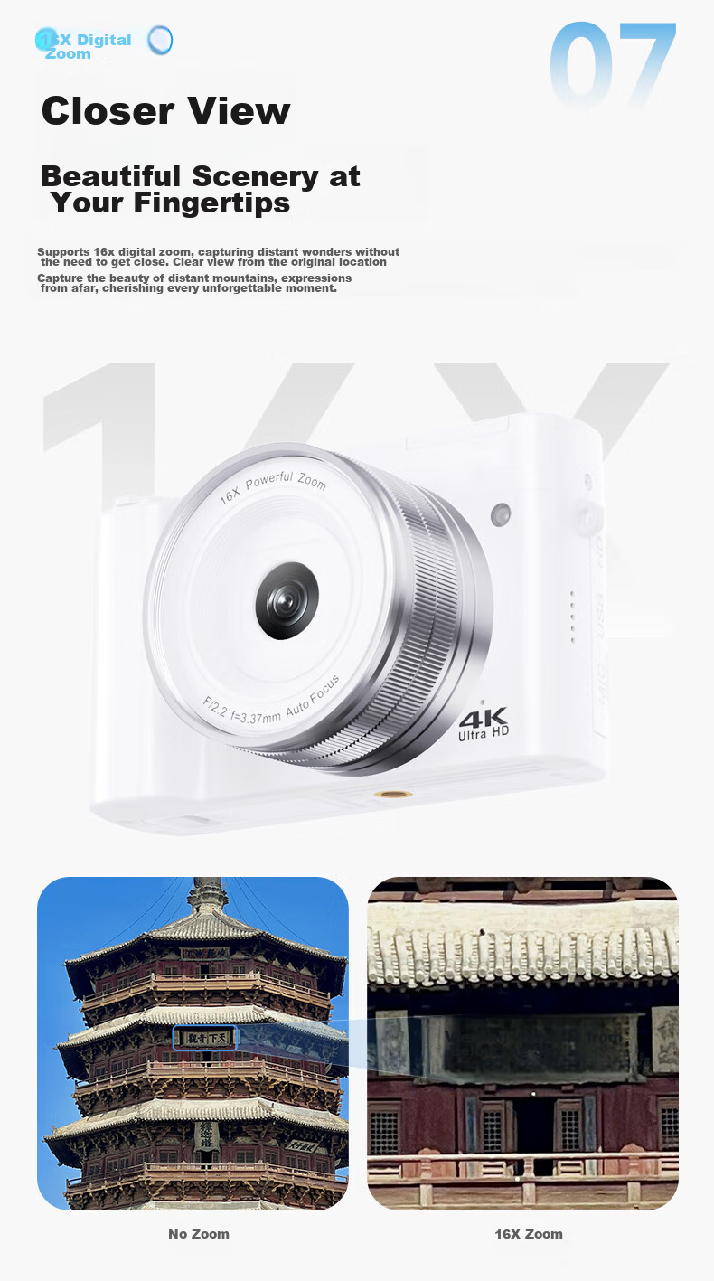 SONGDIAN Digital Camera with Dual Front And Rear Sensors, 4K High-Definition Mirrorless Camera for Vlogging, Portable, Entry-Level Student Camera DC218 White + Wide-Angle Lens 256GB Memory 9