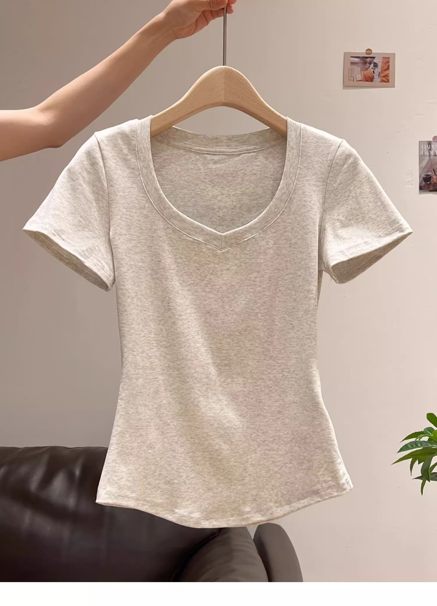 Woodpecker Solid Color V-Neck Slim Fit Short Sleeve T-Shirt Women Summer Simple Versatile Korean Style Slimming Top Heather Gray S 7