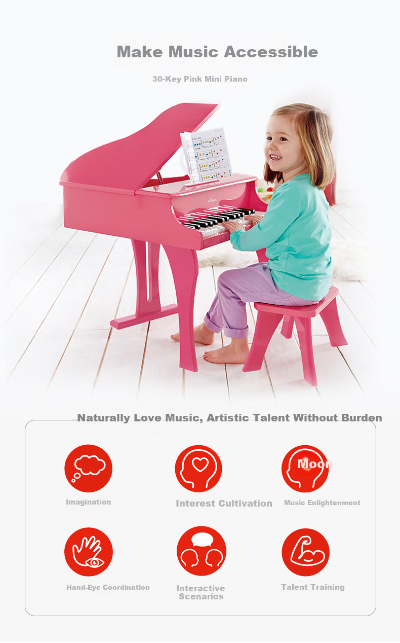 Hape (Germany), Children's Early Education Enlightenment Musical Piano Toy, 30-Key Mechanical Piano, Pink, Gift for Girls, E0319 1