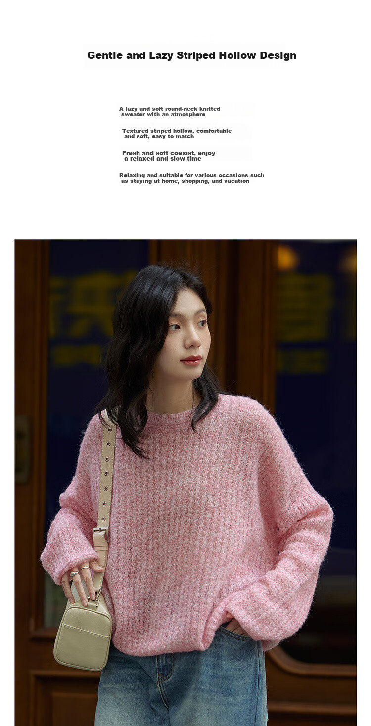 Dme [Containing Wool] Spring Lightweight Striped Hollow-Out Round Neck Sweater, High-Elastic Comfortable Knit Top for Wome 1