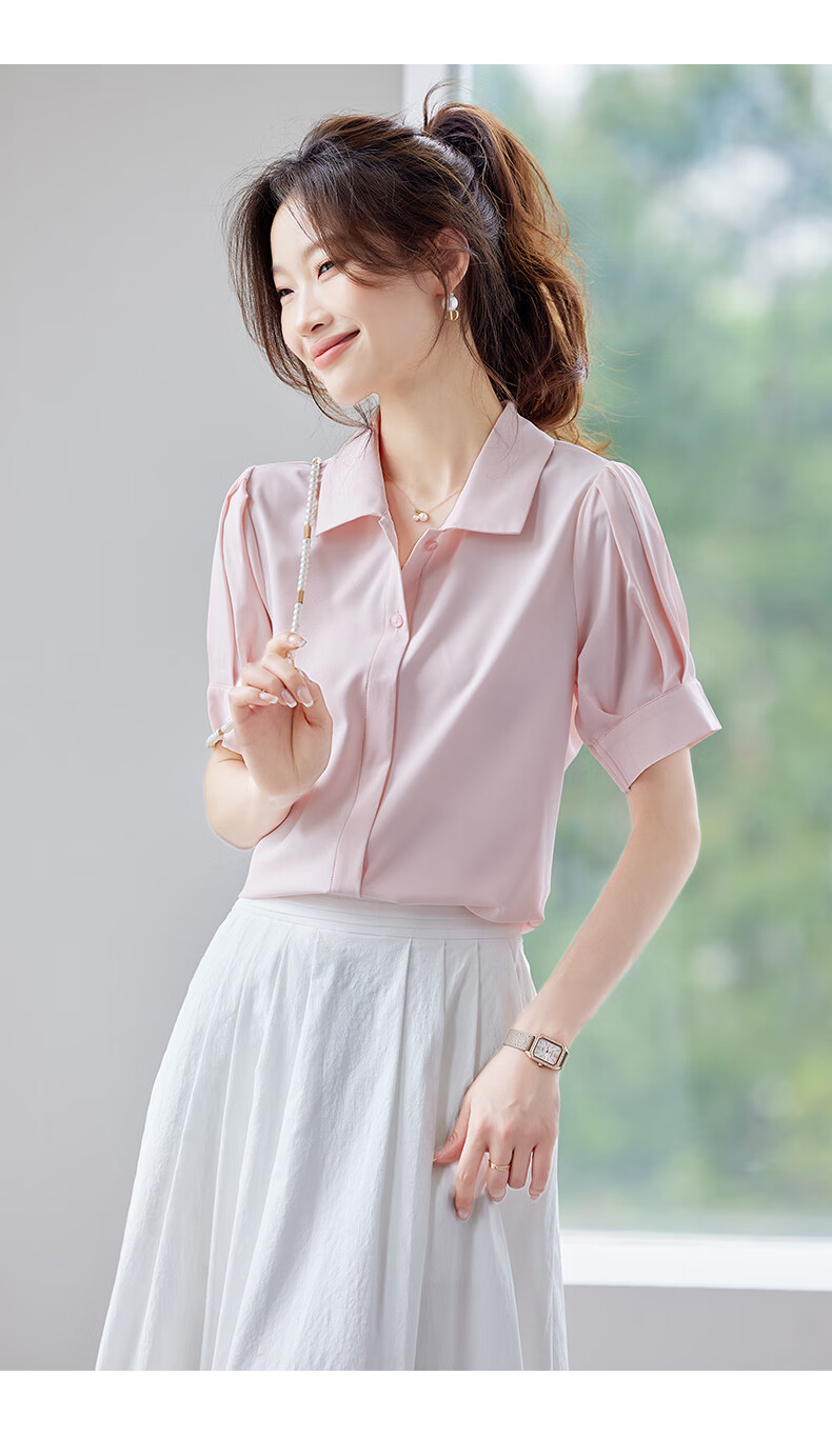 Jeanswest Women's White Short Sleeve Shirt with Lapel Collar Summer Professional Commuting Top, Size L 13