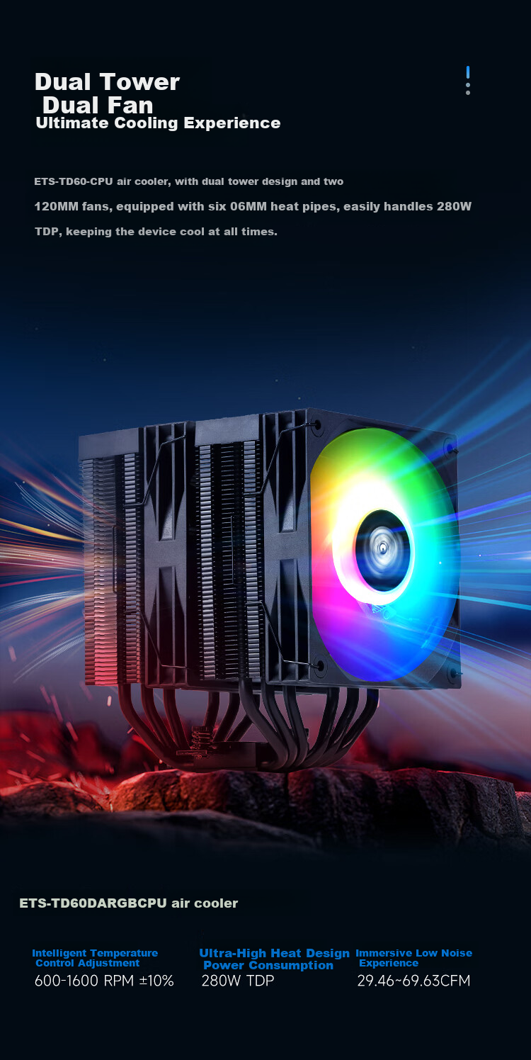 Enermax TD60D Air Cooler, Smart Digital Display, Composite Heat Pipes, Nickel-Plated Copper Base, PWM Fan, 280W TDP 3