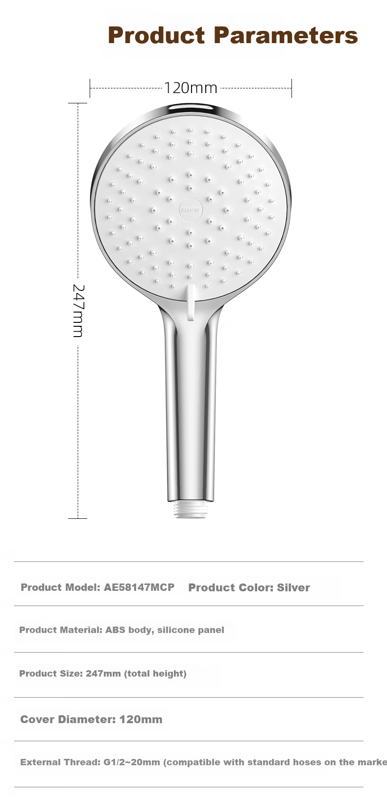 ARROW Shower Head, Elegant White Color, Multi-Functional Household High-Pressure Bathing Handheld Shower Head, Back Spray Handheld 1