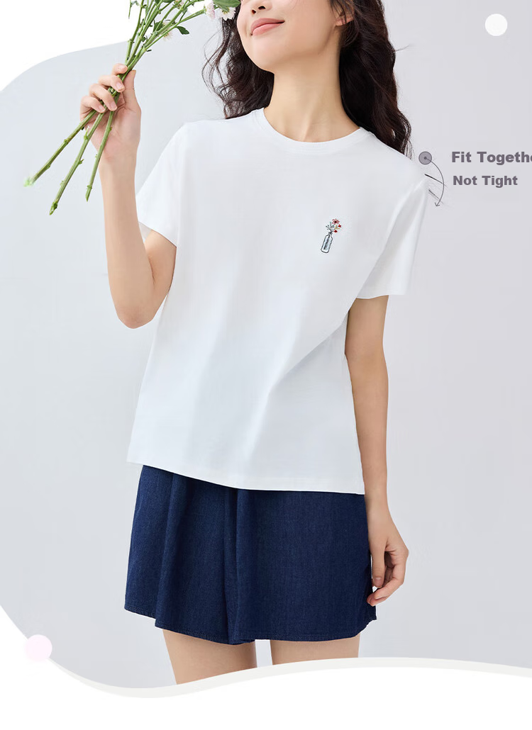 Giordano Women's Short-Sleeve T-Shirt, Summer New Style, Pure Cotton Floral Embroidery, Youthful Casual Round Neck Top, 13325325 6